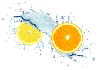 orange and lemon with water splash isolated on white