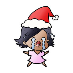 gradient cartoon of a woman crying wearing santa hat