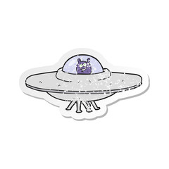 retro distressed sticker of a cartoon flying saucer