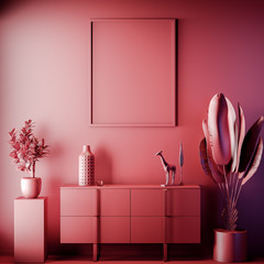 Mock up poster frame in Interior, Red color, Clay render, 3D illustration