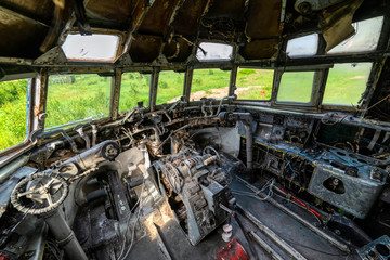 Completely destroyed cockpit of an old aircraft