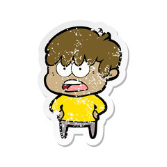 distressed sticker of a worried cartoon boy