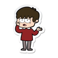 sticker of a cartoon exhausted boy