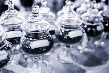 Toned BW photo of degustation tea in the store