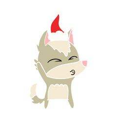 flat color illustration of a wolf whistling wearing santa hat
