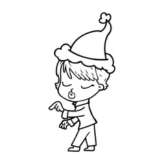 line drawing of a woman with eyes shut wearing santa hat