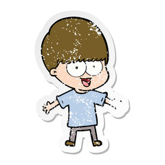 distressed sticker of a happy cartoon boy