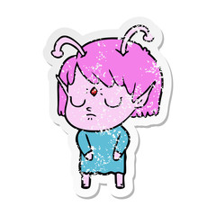 distressed sticker of a cartoon alien girl