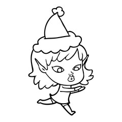 pretty line drawing of a elf girl wearing santa hat