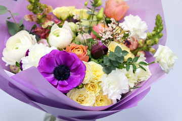 Bouquet of spring flowers, colorful floral composition. Background for wedding, March 8 celebration, romantic date