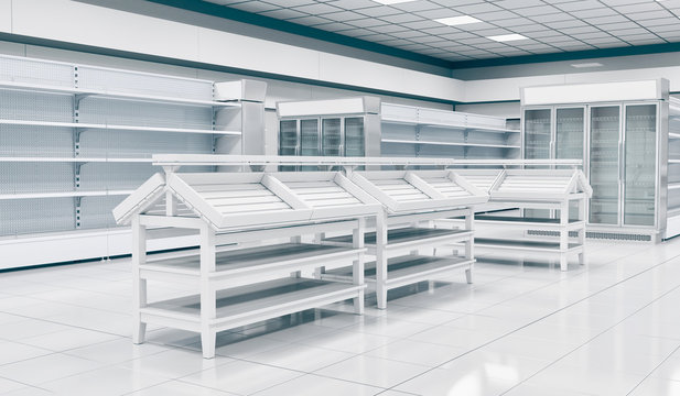 The Trading Floor Of The Supermarket With Shelf Shelves. 3d Illustration