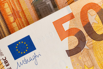 Close-up of european currency - bills of 50 euro. 