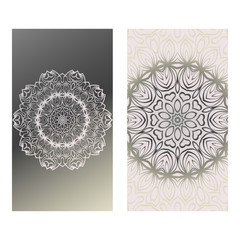 Vintage Cards With Floral Mandala Pattern. Vector Template. The Front And Rear Side. Grey silver color