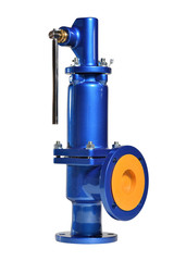 New blue valve with lever on white background. Valve for use in water supply. Isolated