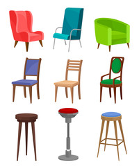 Flat vecroe set of cozy armchairs, dining chairs and bar stools. Modern furniture. Interior objects