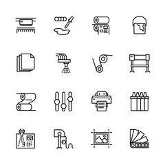 Printing house simple icon set. Contains such symbols printer, scanner, offset machine, plotter, brochure, rubber stamp. Polygraphy office, typography concept.