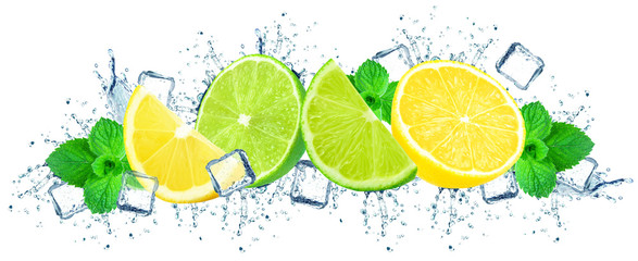 lime and lemon with water splash isolated on white