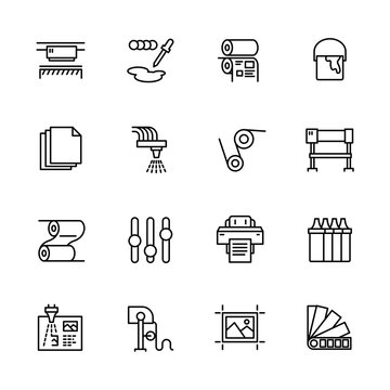 Printing house simple icon set. Contains such symbols printer, scanner, offset machine, plotter, brochure, rubber stamp. Polygraphy office, typography concept.