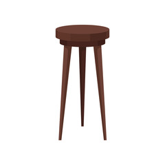 Classic wooden bar stool. High brown chair with round seat. Furniture for cafe and restaurant. Flat vector icon