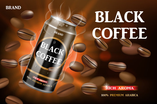 Realistic black canned coffee with beans swirling around. Product coffee drink design with bokeh background. Vector 3d illustration