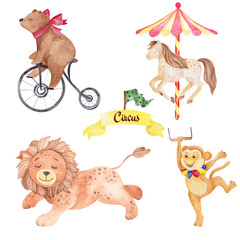 Watercolor illustration cute circus animals