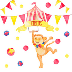 Watercolor illustration with cute circus animals