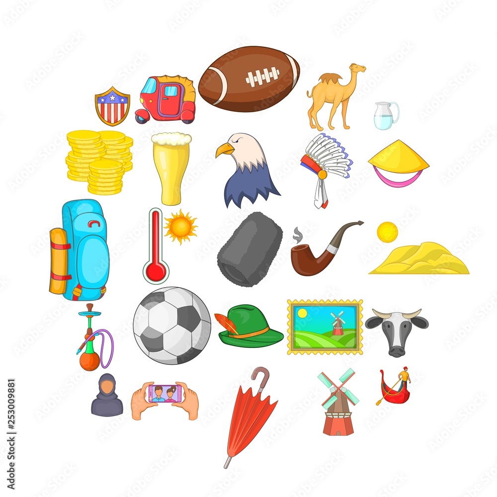 Poster peregrinate icons set. cartoon set of 25 peregrinate vector icons for web isolated on white backgrou