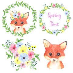 Watercolor illustration cute fox and spring flowers