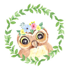 Watercolor illustration cute owl and spring flowers