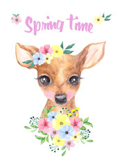Watercolor illustration cute deer and spring flowers