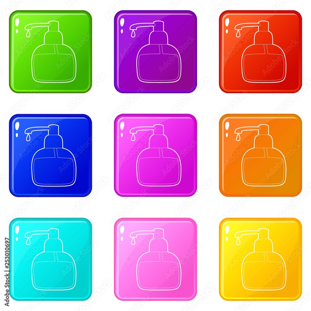 Poster Liquid soap icons set 9 color collection isolated on white for any design