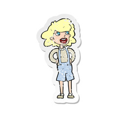 retro distressed sticker of a cartoon woma in dungarees