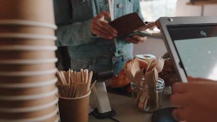 close up customer paying using credit card contactless payment service buying coffee in cafe spending money at restaurant