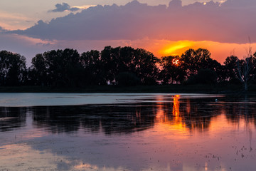 Sunset scene over lake, with sun coming down behind some trees and reflecting on water