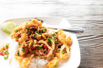 Rice, fried seafood, chili, salt and garlic of Thailand