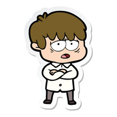 sticker of a cartoon exhausted boy