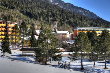Bad Bleiberg, Thermalbad, geschlossen, Bleiberg, Kärnten, Turm, Kirchturm, Plajberk pri Beljaku,...