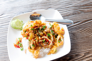 Rice, fried seafood, chili, salt and garlic of Thailand