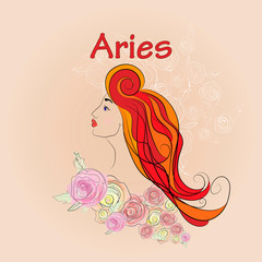 Aries, image of a girl with arrows, flowers and colored feathe