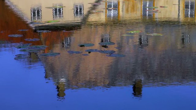 Beautiful pond with flowers  reflects an old house