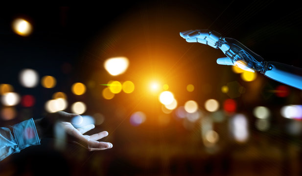 White cyborg hand about to touch human hand 3D rendering