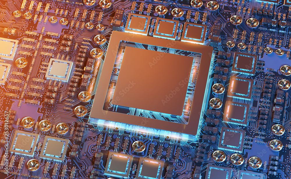 Fototapete Close-up view of a modern GPU card with circuit 3D rendering