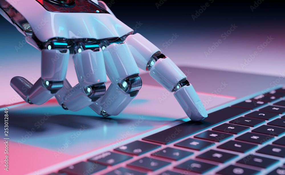 Poster robotic hand pressing a keyboard on a laptop 3d rendering