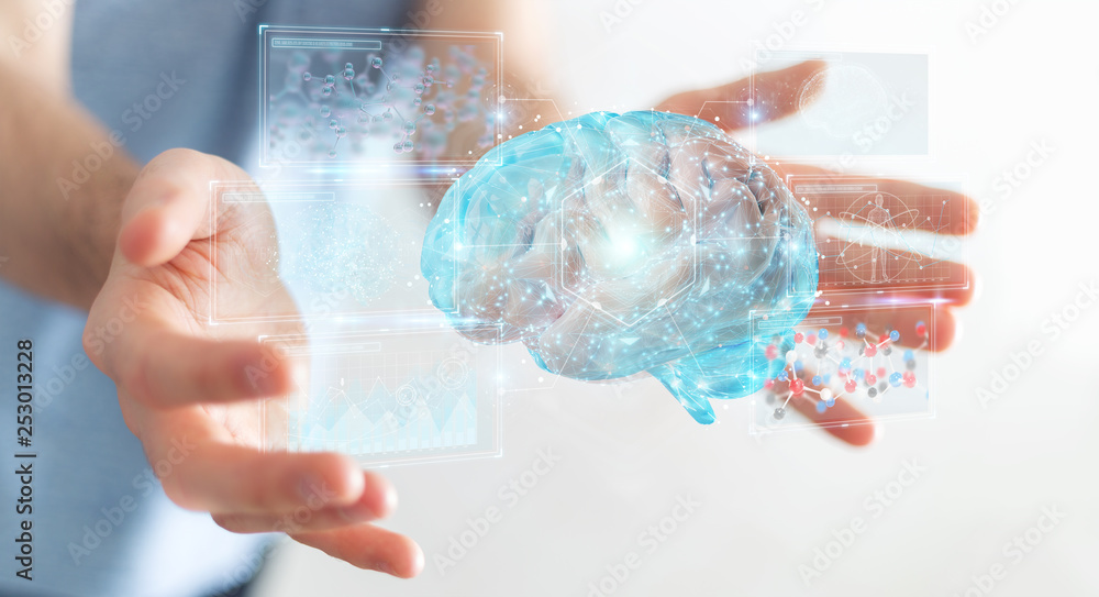 Poster businessman using digital 3d projection of a human brain 3d rendering