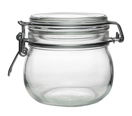 Empty glass jar isolated on white background. 