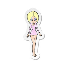 retro distressed sticker of a cartoon woman in short dress
