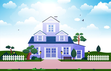 Naklejka premium Beautiful Modern House Exterior Facade Yard Residential Illustration