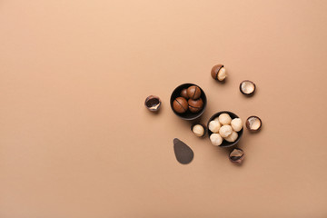 Bowls with macadamia nuts on color background