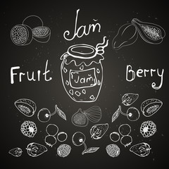 dessert, jam from different fruits and berries. It is painted chalk on a board. It can be applied in the menu for a cafe and ..