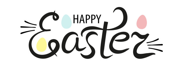 Happy Easter lettering logo decorated with eggs. Hand drawn black and white calligraphy phrase isolated on white background. Vector